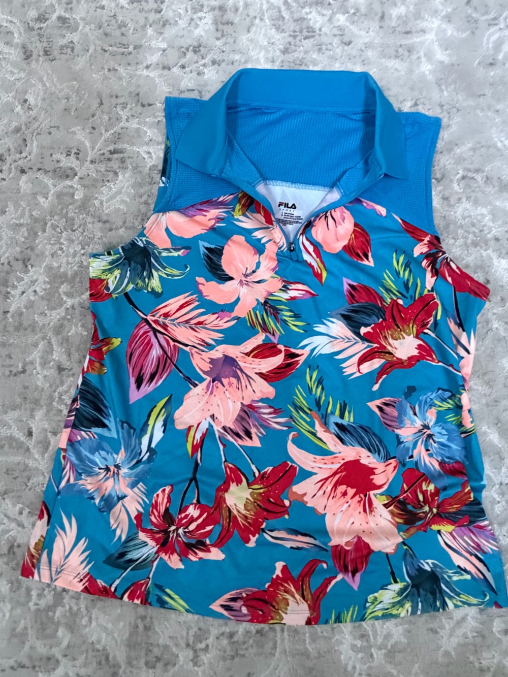 FILA Blue Tropical Floral Sleeveless Polo Top